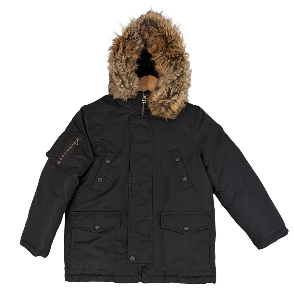 Polo Ralph Lauren Boys Black Down Faux Fur Trim Hooded Parka Jacket Size 7